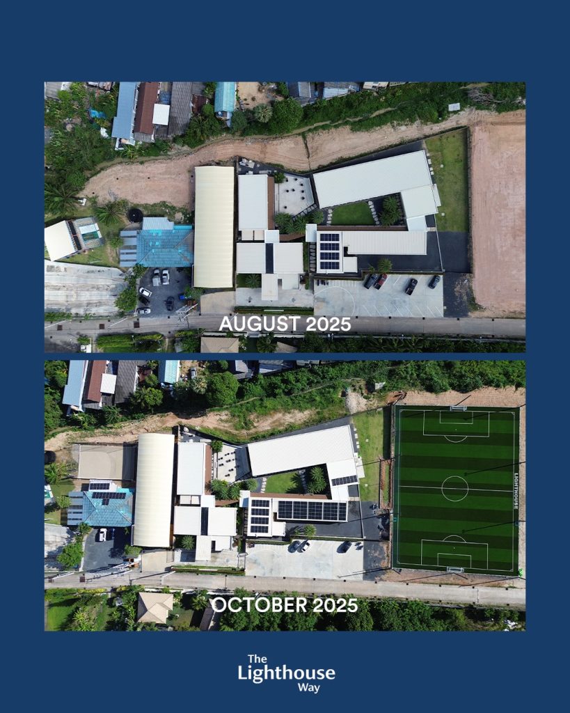 Aerial view of Lighthouse campus before and after the football pitch and volleyball area